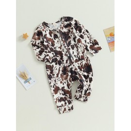 Western Baby Cowboy Clothes Zipped Fall Romper Outfit for Boy Girl Infant Cow Print One-piece Jumpsuit (Beige, 6-12 Months)