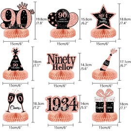 9Pcs 90th Birthday Decorations Honeycomb Centerpieces for Women, Rose Gold Pink Happy 90th Birthday Centerpieces Tables Toppers Party Decorations Supplies, Vintage 1934 Aged Birthday Table Decor