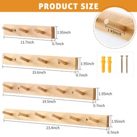 Wall Mounted Coat Rack 24 inches, Hickory Wood Wall Coat Hooks with 6 Hooks, Wooden Coat Hanger for Hanging Clothes Robes Towels Hats, Natural