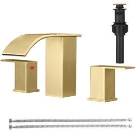 RUMOSE 8 inch Bathroom Faucets Set Brushed Gold Bathroom Sink Faucet 3 Hole with Pop Up Drain Widespread 2 Handles Stainless Steel Lavatory Vanity Faucet Waterfall Spout Bathroom Faucet Deck Mounted