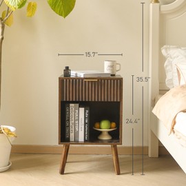 Fultyle Mid Century Modern Nightstand, Wood Bedside Table with Drawer and Opening Storage, End Table Living Room Fluted Night Stand with Solid Wood Legs for Bedroom (Rustic Brown)