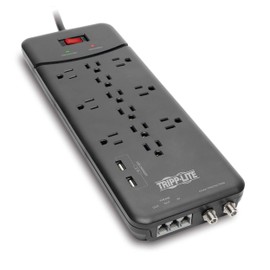Tripp Lite Tripp Lite TLP128TTUSBB 12 Outlet Surge Protector Power Strip, 2 USB Charging Ports, Tel/Modem/Coax Protection, 8ft Cord Right Angle Plug, Black, Lifetime Insurance & $150K Insurance