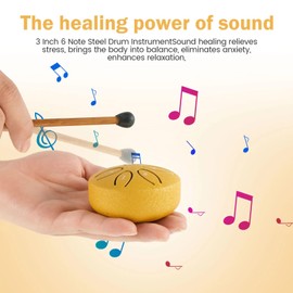 Tongue Drum, HAIYUU 3 Inch 6 Tone Steel Tongue Drum Rain Drum Sound Drum Steel Pan Hand Drum HandPan with Drum Beater for Concert Meditation Yoga Sound Healing Adults Children
