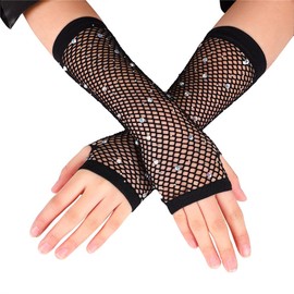 Instobig Goth Fishnet Arm Warmers Women Rave Fingerless Gloves Sparkling Arm Sleeve