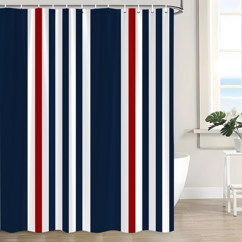 QSSMQS Navy Blue Red Striped Shower Curtain Modern Abstract Vertical