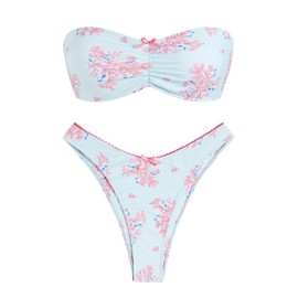ZAFUL Women's Strapless Bikini Tiny Floral Print Ruched Bow Lace up Thong Bandeau Bikini Swimsuit Bathing Suits (Light Blue, M)