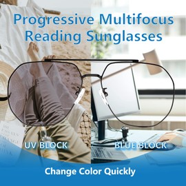 Sehnsucht Photochromic Progressive Multifocus Reading Glasses Mens Womens Transition Anti-Blue Multifocal Readers Metal Frame Shades 509P 1.50