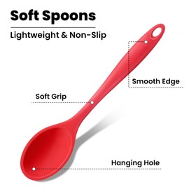 GEEKHOM Silicone Cooking Spoons, 4 Pieces 11" Heat Resistant Silicone Kitchen Utensils Set Large Serving Stirring Spoons for Non Stick Cooking, Mixing, Basting, Baking, Red+Green+Yellow+Orange