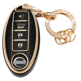 WSAuto for Nissan Key Fob Cover 4Buttons TPU Protection Car Key Case Shell with Fashion Gold Bling Keychain Compatible with Nissan Altima Maxima Murano Rogue Sentra 370z Pathfinder Black