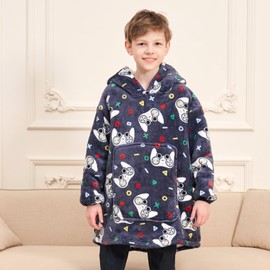 Game Controller Wearable Blanket Hoodie for Boys Gamer Oversized Hoodie for Kids (Gamer-Navy, 12-13 Years)
