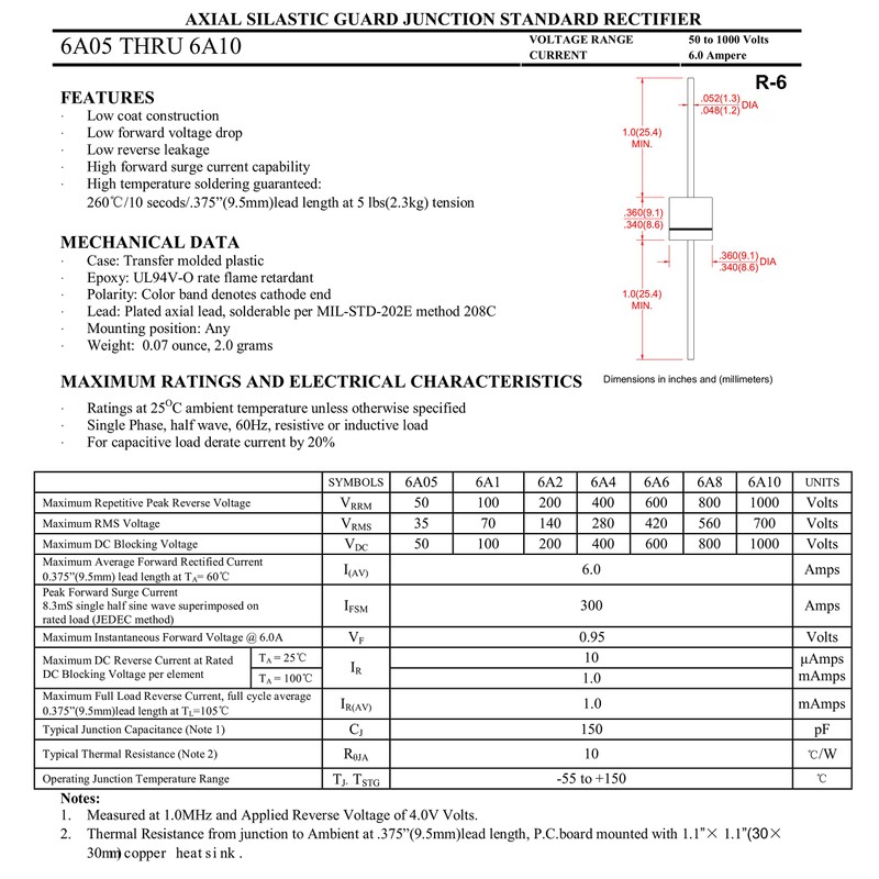 HUABAN 20PCS 6A10 Rectifier Diodes 6A 1000V R-6 Axial 6