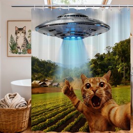 puuiui Funny Cat UFO Shower Curtain, 70x72 Inch