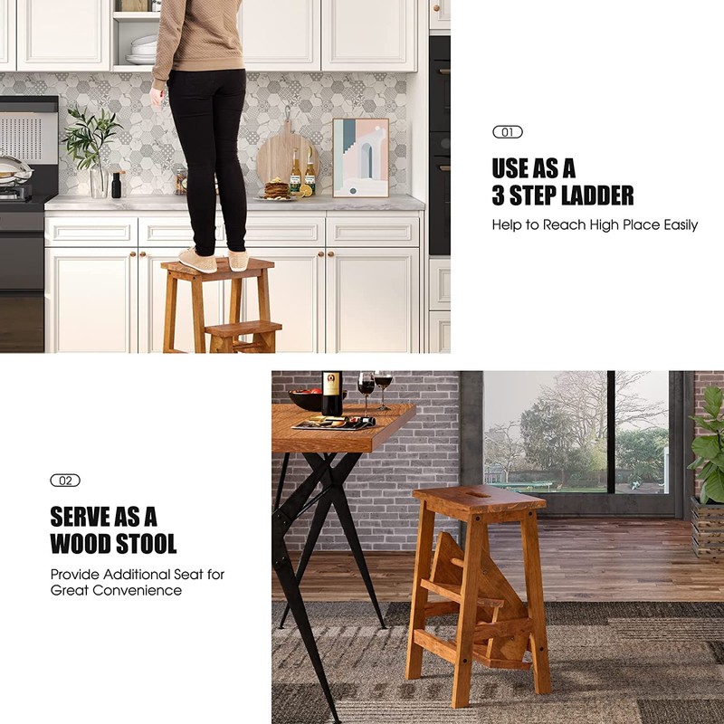 GLACER 3-Tier Folding Step Stool, Portable Wood Step Ladder for
