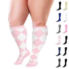 BAMS - Calcetines de compresión de talla grande de pantorrilla ancha XL XXL XXXL - Soporte graduado hasta la rodilla, viscosa de bambú fácil de poner y quitar, Rombos rosados, XXL