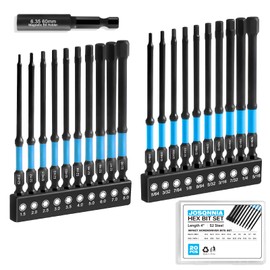 Impact Hex Head Allen Wrench Drill Bit Set - 20PC 4" Long Hex Shank (Metric & SAE), S2 Steel CNC Machined Bits, Extension Socket & Storage Case, Impact Ready for Drills and Drivers