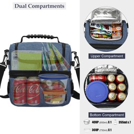 MIER Dual Compartment Lunch Bag Tote with Shoulder Strap for Men and Women Insulated Leakproof Cooler Bag, Bluesteel