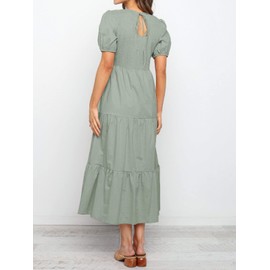 ZESICA Women's Casual Summer Crew Neck Short Puff Sleeve Smocked High Waist Ruffle Tiered A Line Midi Dress,DustyGreen,Small