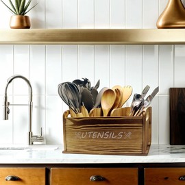 ST-BEST-P Utensil Holder Rustic Wood White Large Farmhouse Spatula Organizer for Kitchen counter Farmhouse,Countertop,Cooking Tools Storage (Wood)