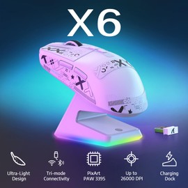 VGN GAMEPOWER X6 SUPERLIGHT Wireless Gaming Mouse with RGB Charging Dock, 49g Ultralight Mice PixArt PAW3395 Sensor, 26000DPI, Tri-mode 2.4G/USB-C Wired/Bluetooth Mouse G502, Mouse Grip Tape, White