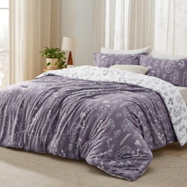 Bedsure Twin/Twin XL Comforter Set - Grayish Purple Bed Set, 2 Pieces Cute Floral Bedding, 1 Soft Reversible Botanical Flowers Comforter and 1 Pillow Sham