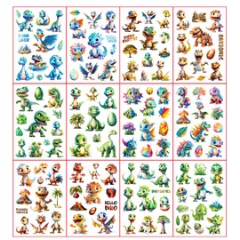 Dinosaur Tattoo for Children, 12 Sheets Glitter Fake Tattoos Set for Boys Birthday Gifts Party Bags, Skin-Friendly Dino Children's Tattoos