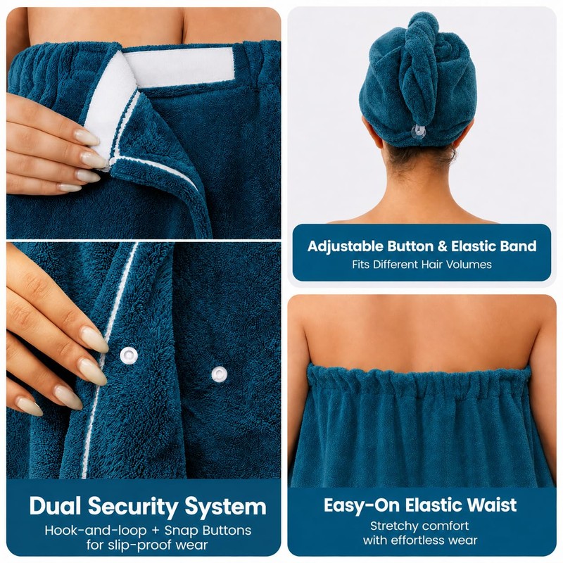 Towel Wrap for Women (S-XL), Lightweight Spa Bath Wrap Set