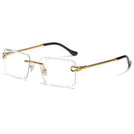 LIGOES Rimless Rectangle Sunglasses UV400 Metal Leg Sunglasses Frameless Sea Green Blue Glasses Shadow, Gold With Clear