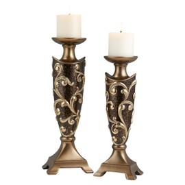 LOPOO Set of 2 Tall Polyresin Candleholders, Baroque Floral Filigree Design, 14" and 16" Height