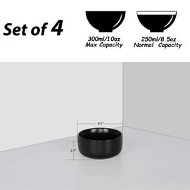 AQUIVER 10 Ounces Ceramic Bowl Set - Porcelain Matte Small Bowls - Side Dishes for Desserts, Ice Cream, Snacks, Condiments, Souffle, Yogurt, Soup - Dipping Sauce Bowl Set of 4 (Black)