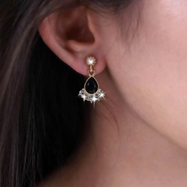 Yheakne Boho Onyx Drop Earrings Gold Teardrop Onyx Earrings Vintage Pearl Stud Earrings Sparkly Rhinestone Dangle Earrings Jewelry for Women and Girls