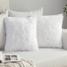 MIULEE Pack of 2 Faux Fur Cushion Covers Fluffy Soft Decorative Square Pillowcase Plush Case Faux Fur Throw Pillow Cover For Livingroom Sofa Bedroom 12x20 Inch 30x50cm 12"x20" White
