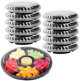 10 Pieces Divided Serving Tray with Lid Disposable Serving Fruit Veggie Tray Round Appetizer Tray for Party (6 Compartment)