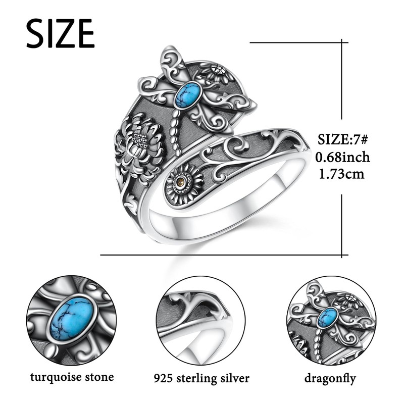 SHAOAN 925 Sterling Silver Dragonfly Turquoise Spoon Thumb Ring