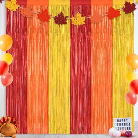 2 Pack Thanksgiving Backdrop, 3.28 FT x 7.05 FT Red Orange Gold Party Streamer, Metallic Fringe Curtains Foil Streamer Tinsel Backdrop, Thanksgiving Party Decorations Photo Props Wall Decor