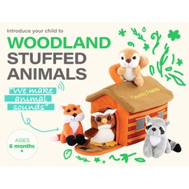 Plush Woodland Animals with Country House Carrier for Kids- 5pc- Talking Animal Interactive Toy Set- Stuffed Owl, Raccoon, Fox & Squirrel- Great Baby Shower Present for Boys & Girls by Etna