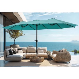 PHI VILLA 15ft Large Patio Umbrellas with Base Included, Outdoor Double-Sided Rectangle Market Umbrella with Crank Handle, for Poolside Lawn Garden, Turquois