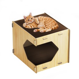 Adolug Wooden Cat House Corrugated Cat Scratch Board, Removable Scratching Pad with Buckle Design, Durable, Easy to Clean, No Odor, Ideal for Scratching and Resting.