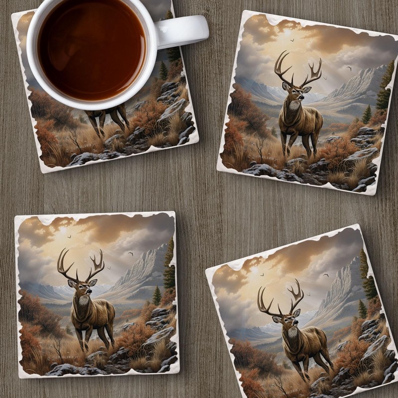 Thirstystone Woodland Deer 4-Pack Tumbled Tile Stone Coasters with Protective