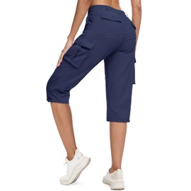 MAGCOMSEN Womens Capri Pants Lightweight Golf Capris with Pockets Ladies Summer Travel Knee Length Shorts Navy, L