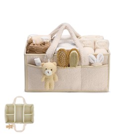 Changing Bag Organiser, Changing Table Organiser, Portable Changing Basket with Removable Compartments, Plush Changing Organiser with Handles, Baby Storage Basket for Changing and Baby Things (Cream)