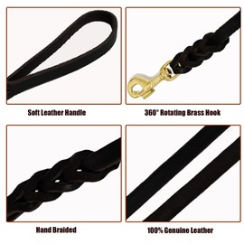 LWBMG Long Leather Dog Leash 10ft,Long Line Pet Leashes,Strong Sturdy Genuine Leather Braided Dog Lead, Soft and Comfortable Leash for Medium and Small Dogs Training Black