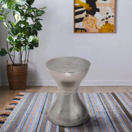 Benjara Industrial Style Hammered Texture Iron Stool with Hourglass Silver Medium