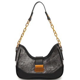 RTGGSEL Women's Contrast Color Plaid Striped Saddle Crossbody Shoulder Underarm Satchel Handbag Tote Clutch Purse Hobo Bag (Chain Denim Black)