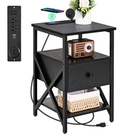Livofloral End Table with Wireless Charging Station, Black Side Tables Living Room with Outlet, End Table with Wood Drawer, Night Stand with Storage for Bedroom, Bedside Tables