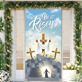 He is Risen Door Cover Happy Easter Decorations He is Risen Easter Religious Cross Door Cover Decorations Large Fabric Easter Cross Door Cover for Jesus Spring Easter Party Decor