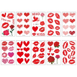Tavvke 10 Sheets Valentine's Temporary Tattoo Stickers, Red Lips, Heart, Love, Rose Designs, Semi-Permanent Tattoos for Women & Girls, Valentines Day Party Themed Decorations Supplies