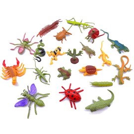 Guaishou 20pcs Realistic Bugs Plastic Insects Animals Figures Toys Contains Ladybugs Caterpillars Beetles Mantises Scorpions Lizards Snakes Frogs Ants