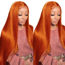 SWOTHEW Ginger Orange Lace Front Wigs Human Hair 13x6 HD Straight Lace Front Wigs Human Hair 200% Density Colored Human Hair Wigs for Women Pre Plucked with Baby Hair 28 inch