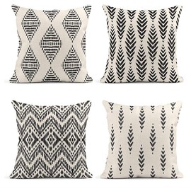 ArtSocket Set of 4 Throw Pillow Covers Ikat Tribal and Boho Bohemian Black Ethnic Herringbone for Ideas Decor Linen Outdoor Pillow Cases Home Decorative Square 16x16 Inches Pillowcases