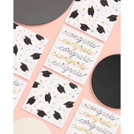 xo, Fetti Congrats Foil Graduation Napkins - 3-ply, 50 pcs | White Cocktail Napkins, Grad Dinner Party Setting, College Commencement Decoration, Celebration Tablescape